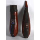 TWO LEATHER BOUND AFRICAN MASI BEADED GOURDS. 11.5ins long.