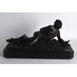 A MODERN BRONZE FIGURE OF A RECLINING ARCHER modelled upon a black marble base. 1Ft 4.5ins wide.