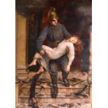 AN EARLY FRAMED PRINT OF A FIREMAN CARRYING A YOUNG WOMAN, together with three others. (4)