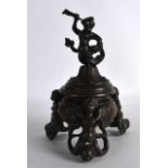 A 19TH CENTURY ITALIAN GRAND TOUR BRONZE INKWELL AND COVER with caryatid mounts. 7.25ins high.