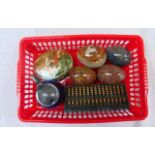 A GROUP OF FOUR HARDSTONE EGGS, together with an abacus etc.
