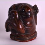 A GOOD 19TH CENTURY CARVED WOOD TOBACCO INKWELL AND COVER in the form of a dogs head. 5Ins high.