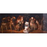 AN EARLY FRAMED PRINT BY LOUIS WAIN, A gathering of cats and dogs.1 ft 4ins x 3 ft 2ins.