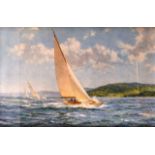 A FRAMED PRINT, sailing in choppy waters. 1 ft 8ins x 2 ft 5ins.