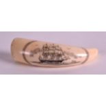 A GOOD 19TH CENTURY CARVED SCRIMSHAW TOOTH well etched with a boat in full sail. Signed. 3.25ins