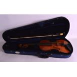 A CASED VIOLIN with two piece back, bearing label to interior 'Stradivarius' together with an