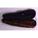 A CASED ANTIQUE VIOLIN with single piece back, stamped to interior 'HOPF'. 1Ft 11ins long.