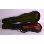 A CASED ANTIQUE VIOLIN with two piece back, bearing label to interior 'Antonius Cremonensis',