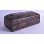 A LARGE 19TH CENTURY INDIAN LACQUERED PEN BOX painted with figures, tigers and beasts, in various