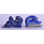 A 19TH CENTURY CHINESE CARVED LAPIS LAZULI FIGURE OF A WINGED BEAST together with a a lapis figure