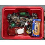 A BOX OF VARIOUS VINTAGE TOYS including Corgi, a Hornby tin plate train etc. (qty)