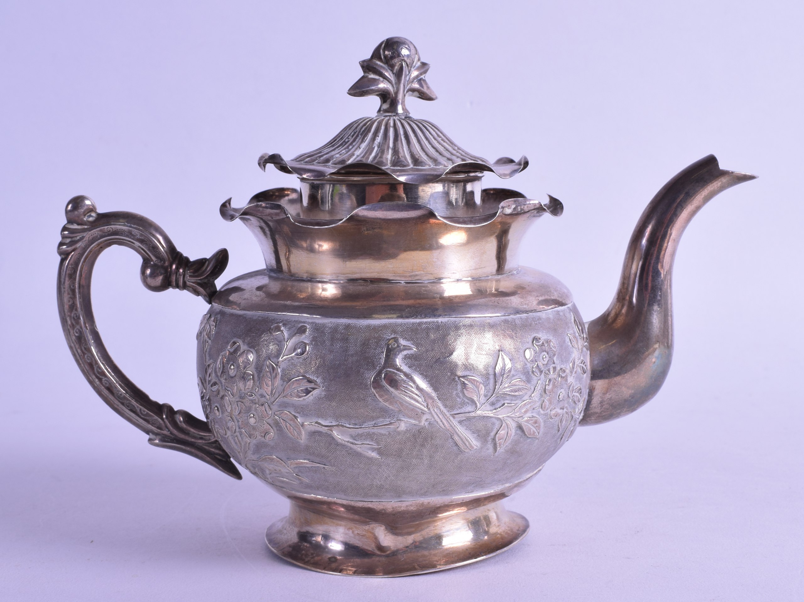 A LATE 19TH CENTURY CHINESE EXPORT SILVER TEAPOT AND COVER decorated with birds perched amongst - Image 2 of 5