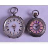 TWO CONTINENTAL SILVER AND ENAMEL LADIES FOB WATCHES. (2)
