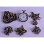 A LATE 19TH CENTURY CONTINENTAL LADIES SILVER FOB WATCH together with a heavy silver watch chain &