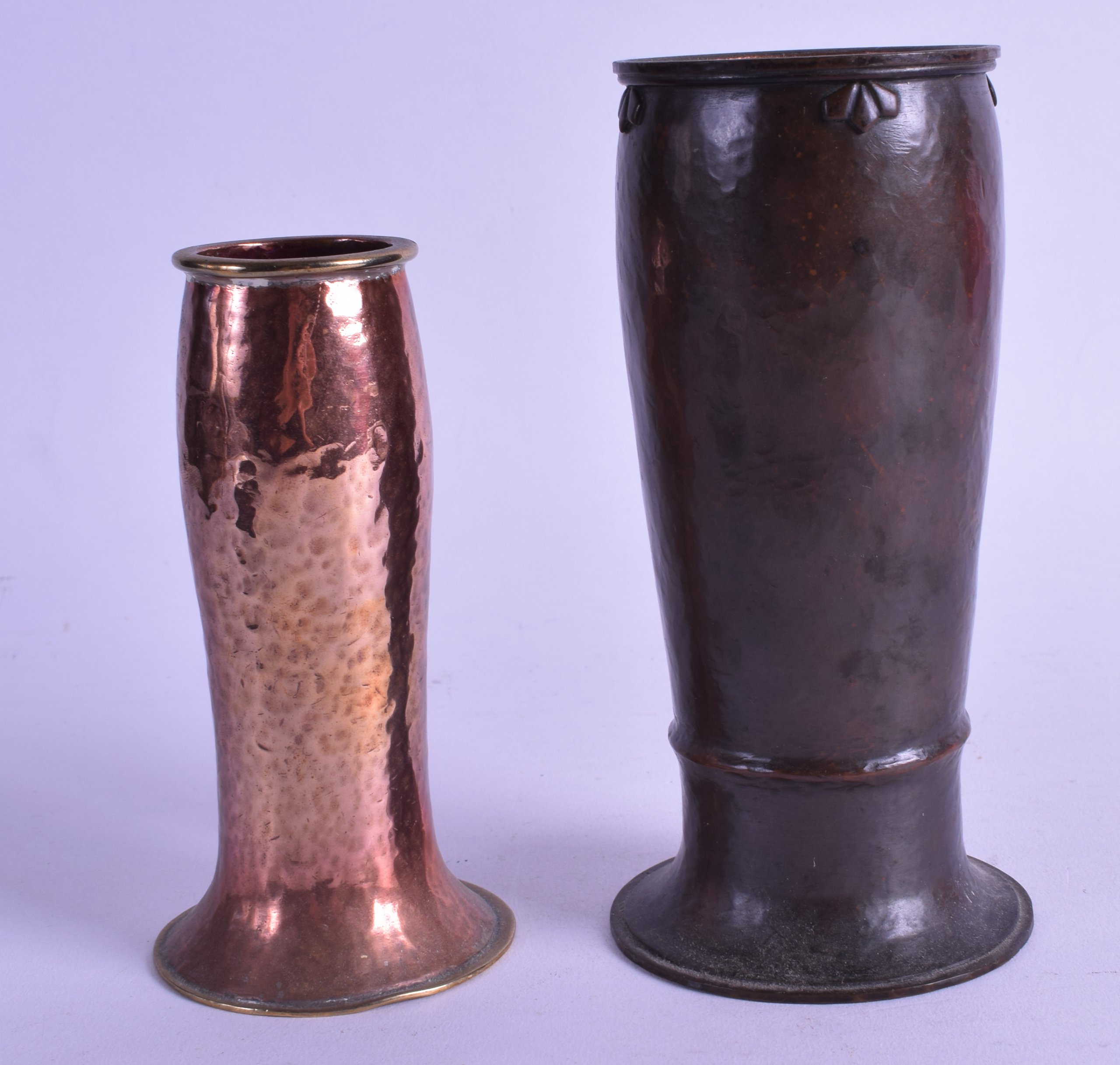 TWO ARTS AND CRAFTS BEATEN COPPER VASES one with sublle floral border, the other with brass