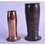 TWO ARTS AND CRAFTS BEATEN COPPER VASES one with sublle floral border, the other with brass
