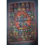 A GOOD LARGE 19TH CENTURY TIBETAN THANGKA painted with buddhistic figures in various pursuits. Image