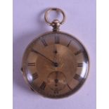 A VINTAGE 9CT GOLD GENTLEMANS POCKET WATCH with black numerals and engraved dial. 4.75 cm diameter.