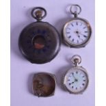 TWO ANTIQUE SILVER FOB WATCHES with white enamel dials, together with a silver and enamel watch case