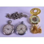 AN ANTIQUE ENGLISH SILVER HALLMARKED WATCH CHAIN together with three pocket watches. (4)