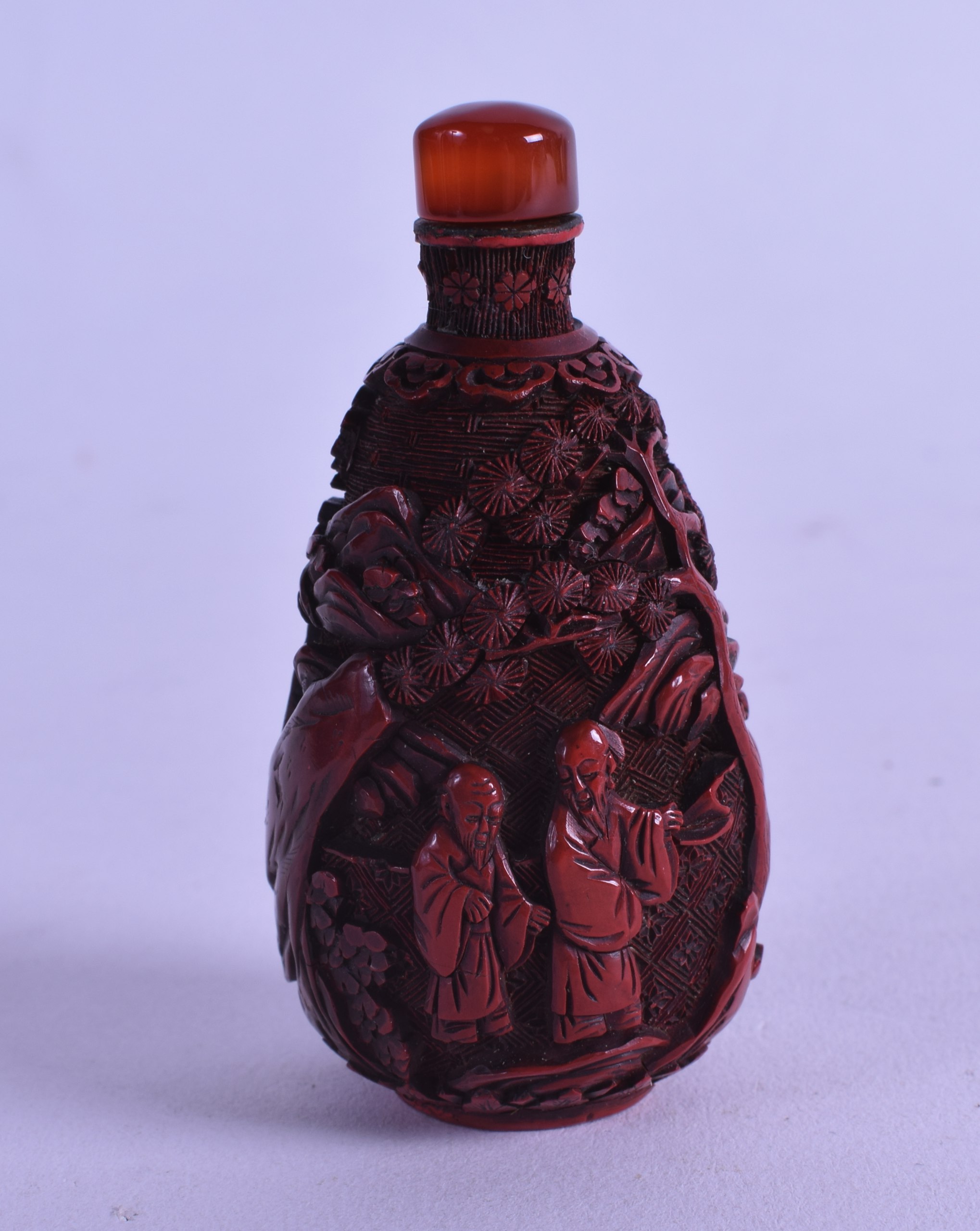 AN 18TH/19TH CENTURY CHINESE CARVED CINNABAR LACQUER SNUFF BOTTLE AND STOPPER Qianlong/Jiaqing,