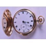 AN ANTIQUE 9CT YELLOW GOLD GENTLEMANS POCKET WATCH with white enamel dial and black numerals. 5.25