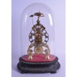 AN EARLY 20TH CENTURY BRASS SKELETON CLOCK with glass dome and fitted cast iron base. 35 cm high.