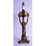 A LATE 19TH CENTURY FRENCH BRASS LAMP of scrolling form with mask head mounts. Lamp 47 cm high.