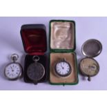 TWO LATE 19TH CENTURY BOXED SILVER ENGRAVED FOB WATCHES together with a silver pocket watch &