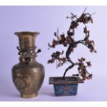 A 19TH CENTURY CHINESE CLOISONNE ENAMEL BONZAI TREE together with a bronze engraved vase. 30 cm & 25