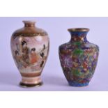 AN EARLY 20TH CENTURY CHINESE CLOISONNE ENAMEL VASE together with a Japanese satsuma vase. 8.5