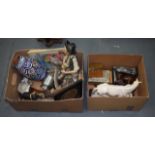 TWO BOXES OF ASSORTED COLLECTABLES including a cased Waltham pocket watch, a bible, Italian figure