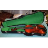 A CASED FULL SIZE VIOLIN with single back. 59 cm long.