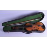 A CASED VIOLIN with two piece back and bow. 59 cm long. (2)