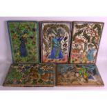 A SET OF FIVE EARLY 20TH CENTURY PERSIAN PAINTED PANELS of various designs. Each 10ins x 15ins. (5)