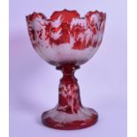 A 19TH CENTURY BOHEMIAN RUBY GLASS COMPORT engraved with roaming stag within landscapes. 14 cm x