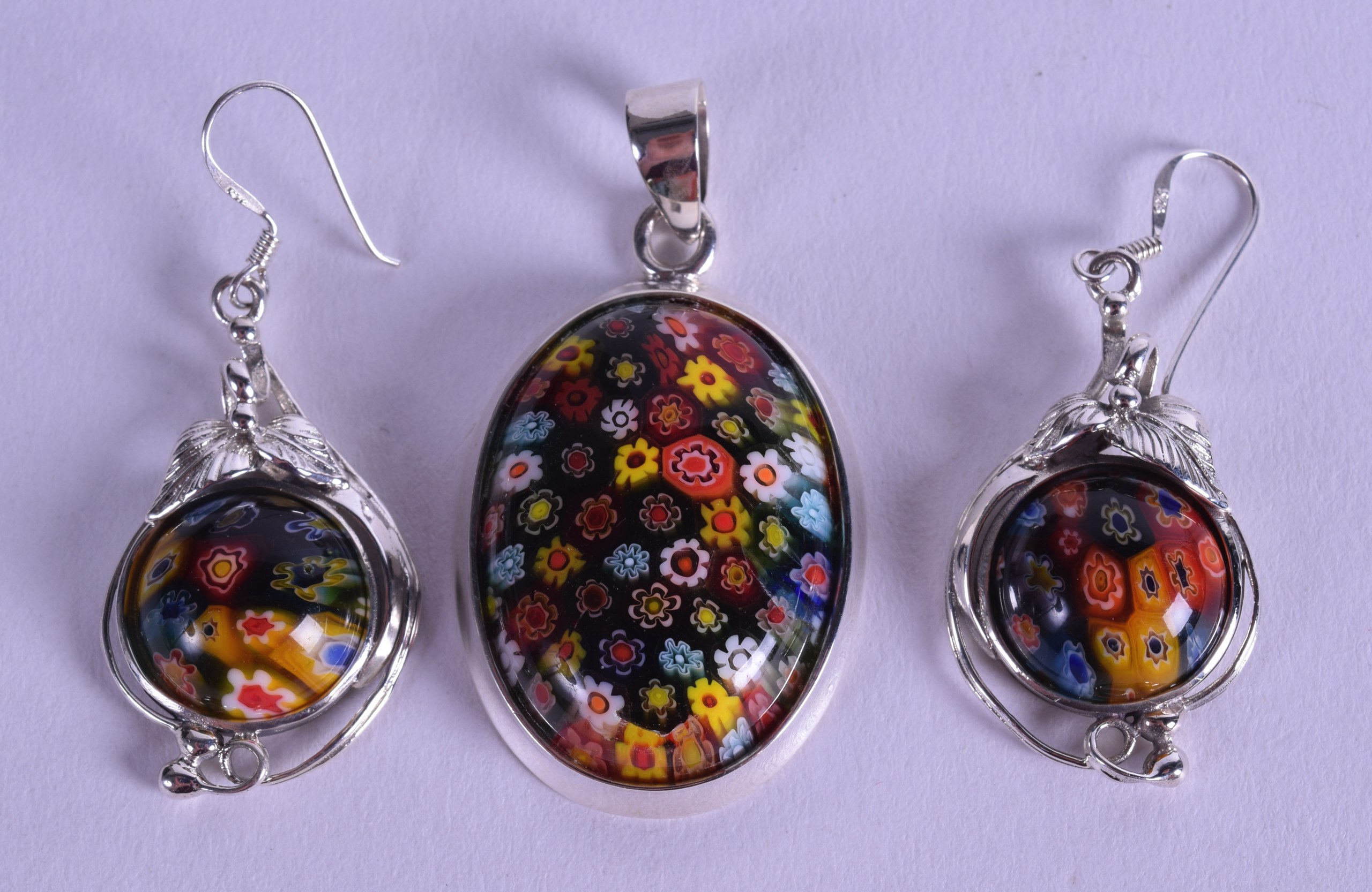 A PAIR OF SILVER MILLIFIORE EARRINGS together with matching pendant. (3)