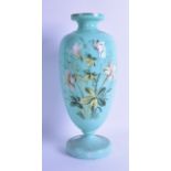 A VICTORIAN PALE GREEN OPALINE GLASS VASE enamelled with flowers and motifs. 32.5 cm high.