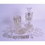 A PAIR OF ANTIQUE CUT GLASS TABLE LUSTRES with hanging drops. 29 cm high.