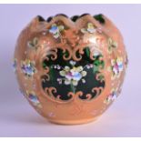 A BOHEMIAN ENAMELLED AND ENCRUSTED GREEN GLASS VASE. 13.5 cm high.