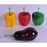 A STYLISH SET OF THREE ART GLASS PEPPERS together with another glass aubergine. (4)