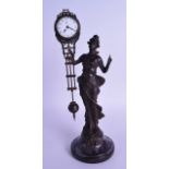 A CONTEMPORARY ART NOUVEAU STYLE BRASS DIANA MYSTERY CLOCK modelled upon a floral overlaid base.