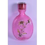 AN EARLY 20TH CENTURY CONTINENTAL CRACKLE GLAZED CRANBERRY GLASS BOTTLE AND STOPPER painted with