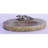 AN EARLY 20TH CENTURY SILVER AN ONYX ASHTRAY overlaid with a roaming fox. 19 cm wide.