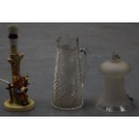 AN UNUSUAL VINTAGE EASTERN GLASS SMOKE CATCHER together with a Goebel lamp & a hobnail cut ewer. (