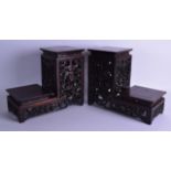 A FINE LARGE PAIR OF 19TH CENTURY CHINESE CARVED HARDWOOD SCHOLARS DISPLAY STANDS with unusual strap