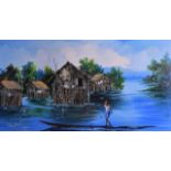 BURMESE SCHOOL (21st Century), Framed Oil on Board, Fisherman on a boat. 74 cm x 39 cm.