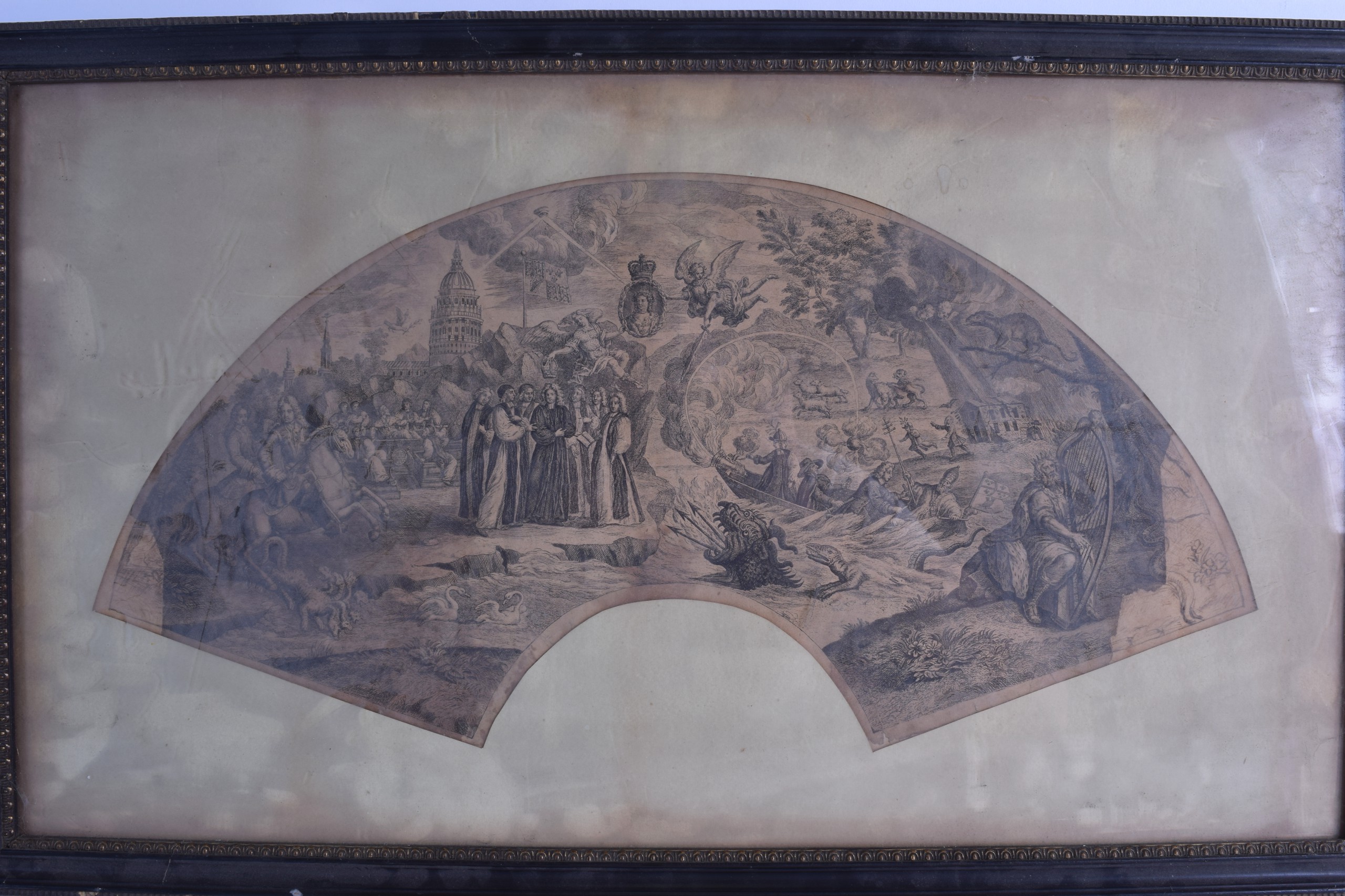 A FRAMED ENGRAVING (19th Century), mythical scenes with biblical inspiration, fan shaped. 25 cm x 49