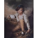 A FRAMED PAIR OF PRINTS, depicting a young boy playing with a rabbit and another similar.