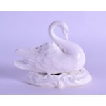 A MID 19TH CENTURY STAFFORDSHIRE SALT GLAZED WHITE PORCELAIN FIGURE OF A SWAN modelled upon a